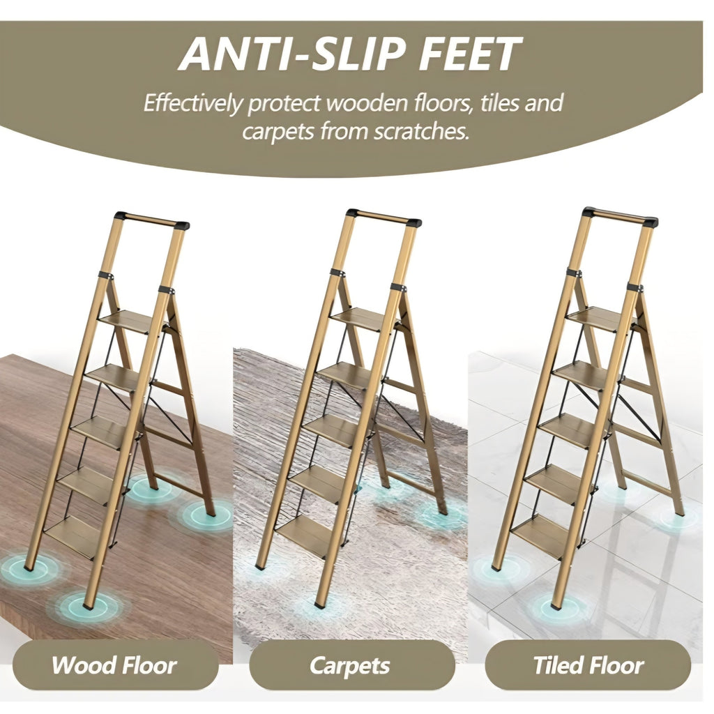 5 Step Ladder, Folding Step Stool, Lightweight Aluminum Foldable Ladder for 10 Foot High Ceiling