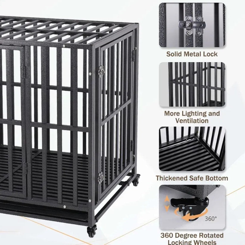 LUCKUP Heavy Duty Dog Cage - with 2 Doors and 4 Wheels