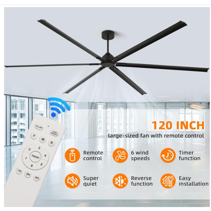 120 Inch Large Ceiling Fan, HVLS Commercial Fan with DC Reversible Motor, 6-Speed Industrial Fans