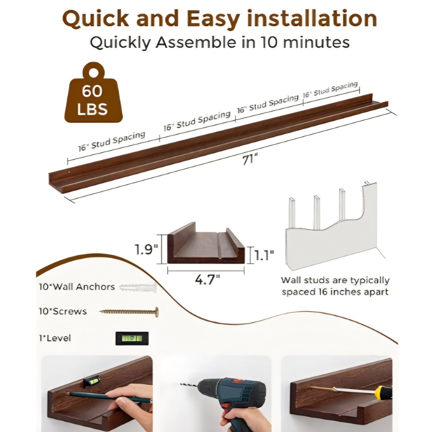Axeman Oak Picture Ledge Shelf, 72 Inch Floating Shelves Set of 2