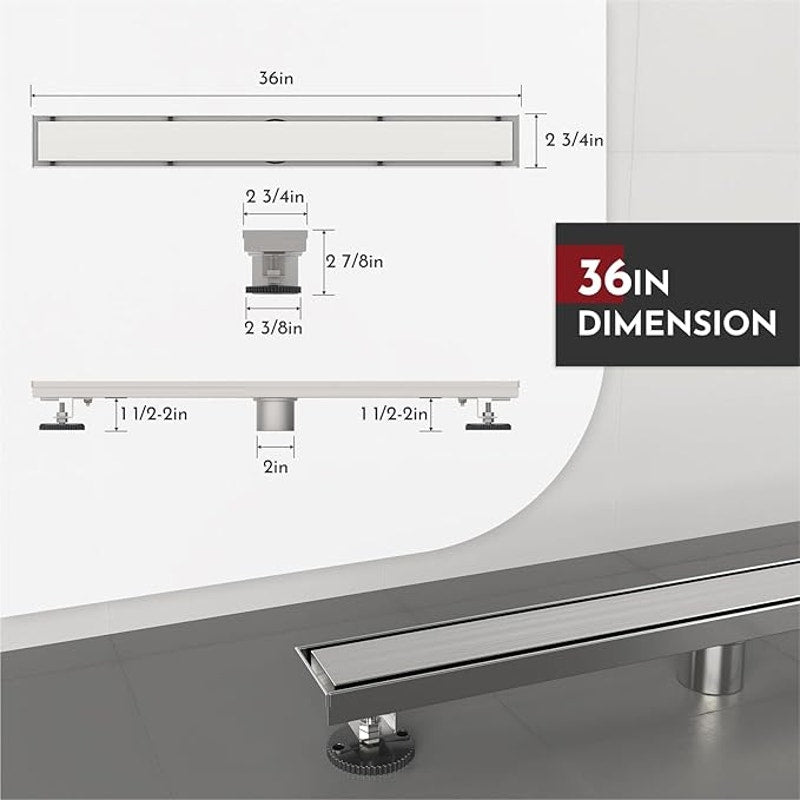 WEBANG 36 Inch Linear Shower Drain Rectangular Floor Drain with Accessories, Brushed. Steel.