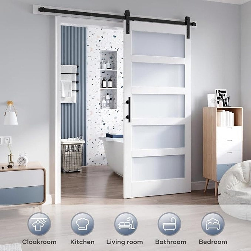 36x84 In Glass Sliding Barn Door Slab & 6.6ft Hardware Kit Incl 5 Frosted Glass, Simple DIY Assembly