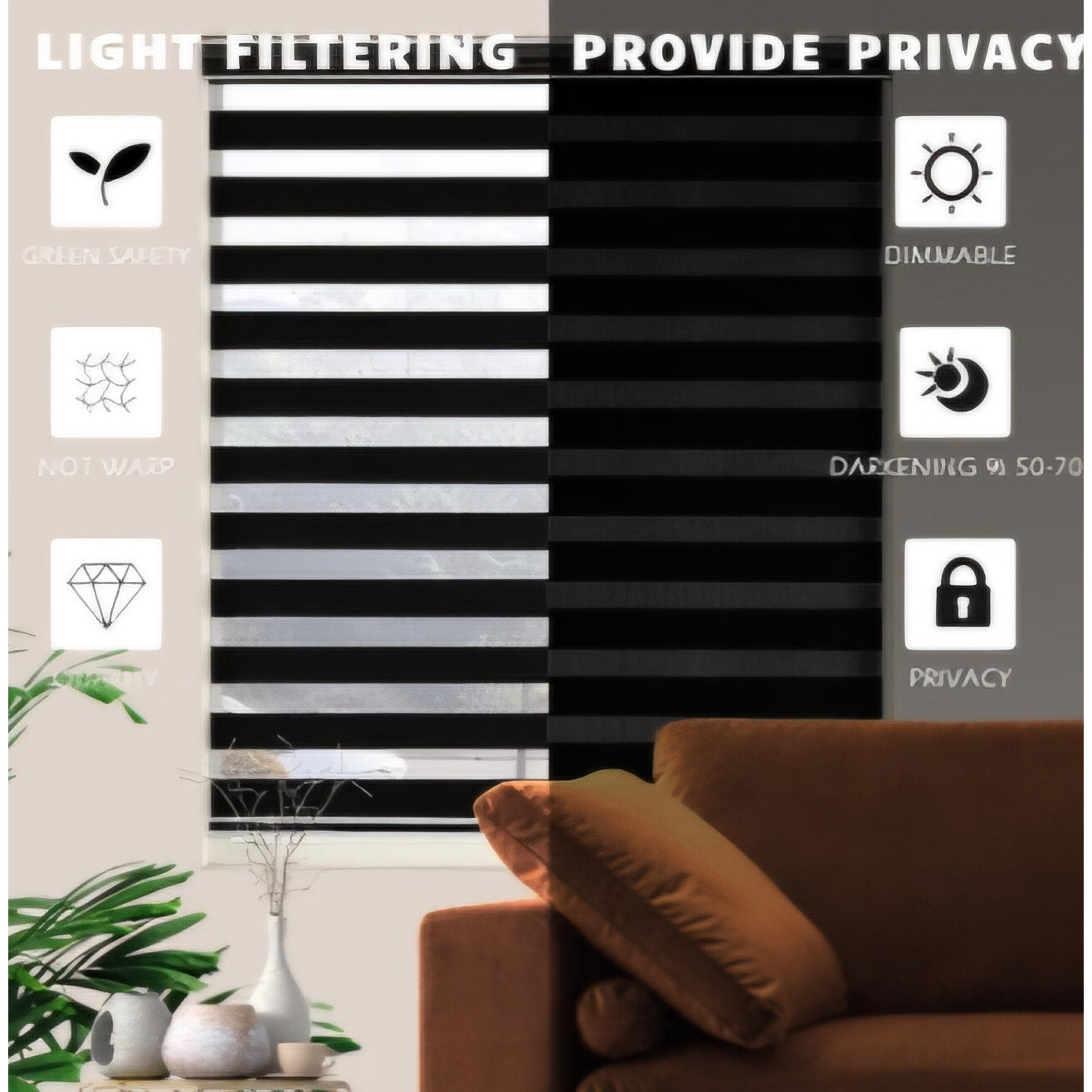 Blackout Zebra Blinds, Dual Layer Free-Stop (67" W X 72" H, Black)