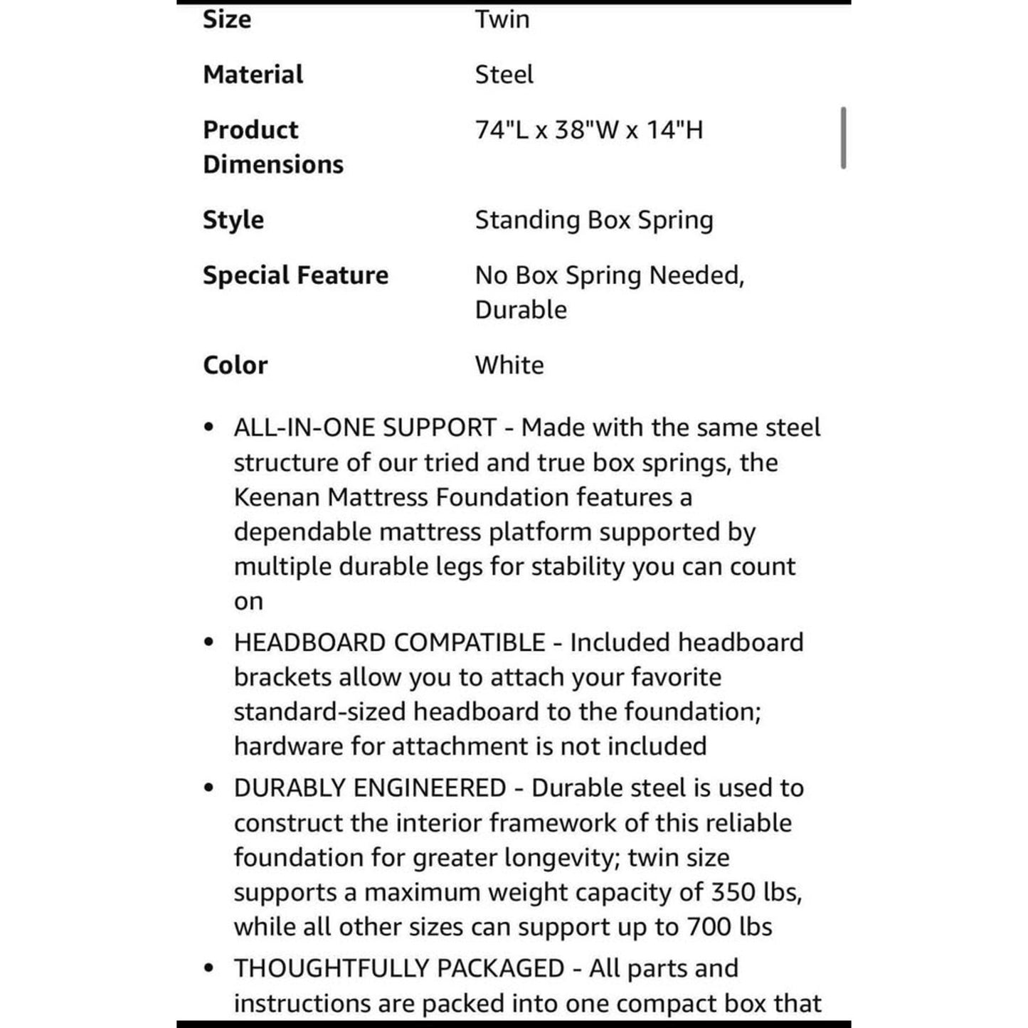 ZINUS Keenan Metal Mattress Foundation, Standing Box Spring, Headboard Brackets Included, Easy Assem