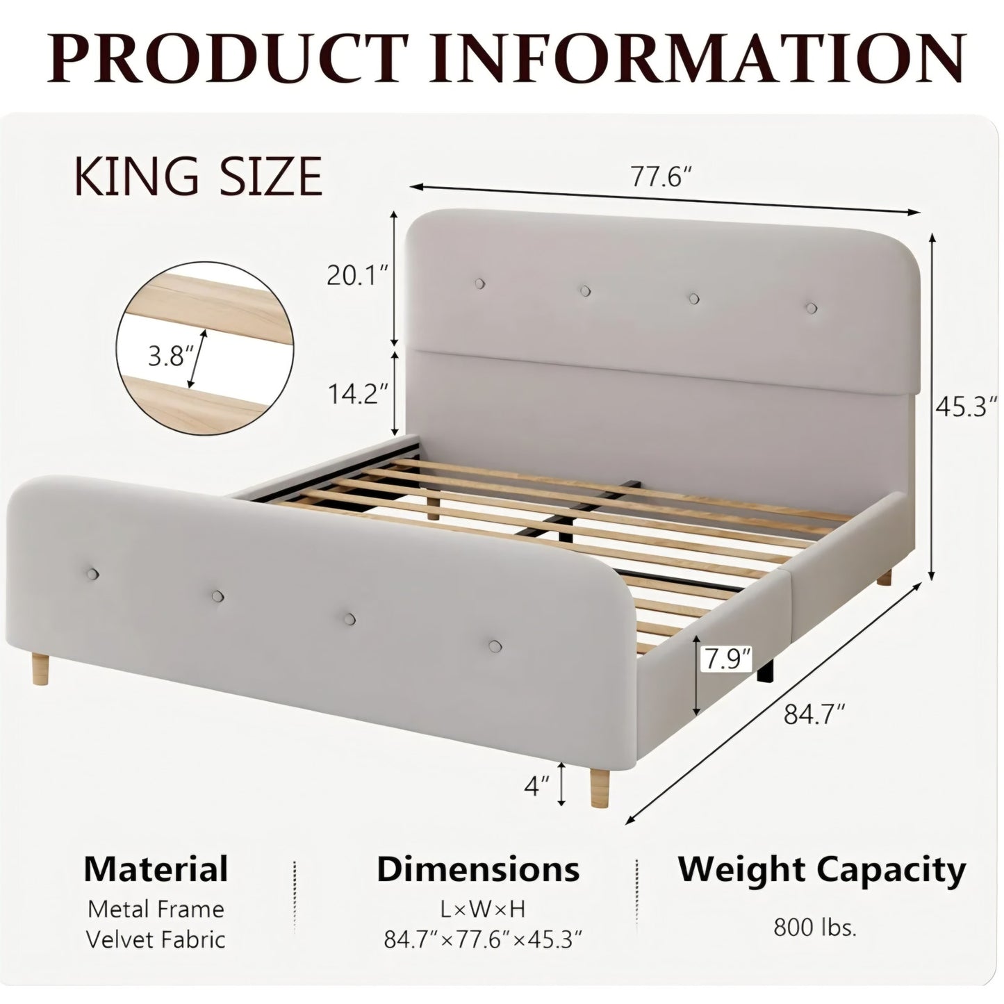 King Size Platform Bed Frame with Velvet Upholstered Headboard, Button Tufted Headboard