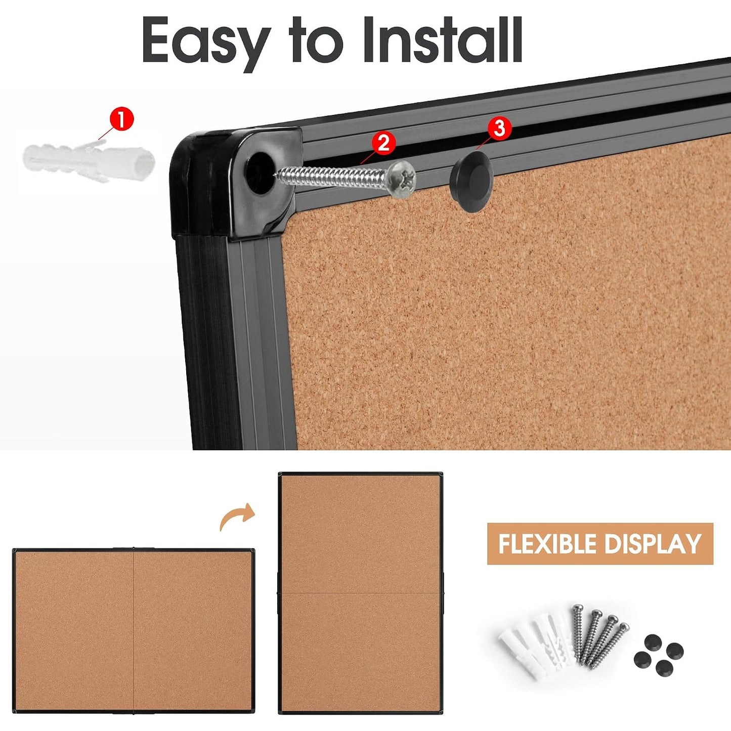 Cork Board Bulletin 36x48, Foldable Notice, for Wall, Black Al Framed 4x3 Corkboard,  36 Push Pins