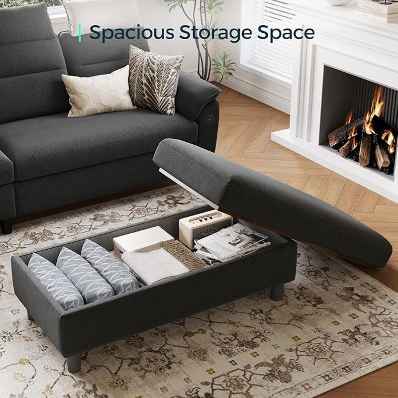 LINSY HOME 46 Inches Wide Storage Ottoman Bench, Linen Coffee Table Long Shoes Bench, Dark Gray