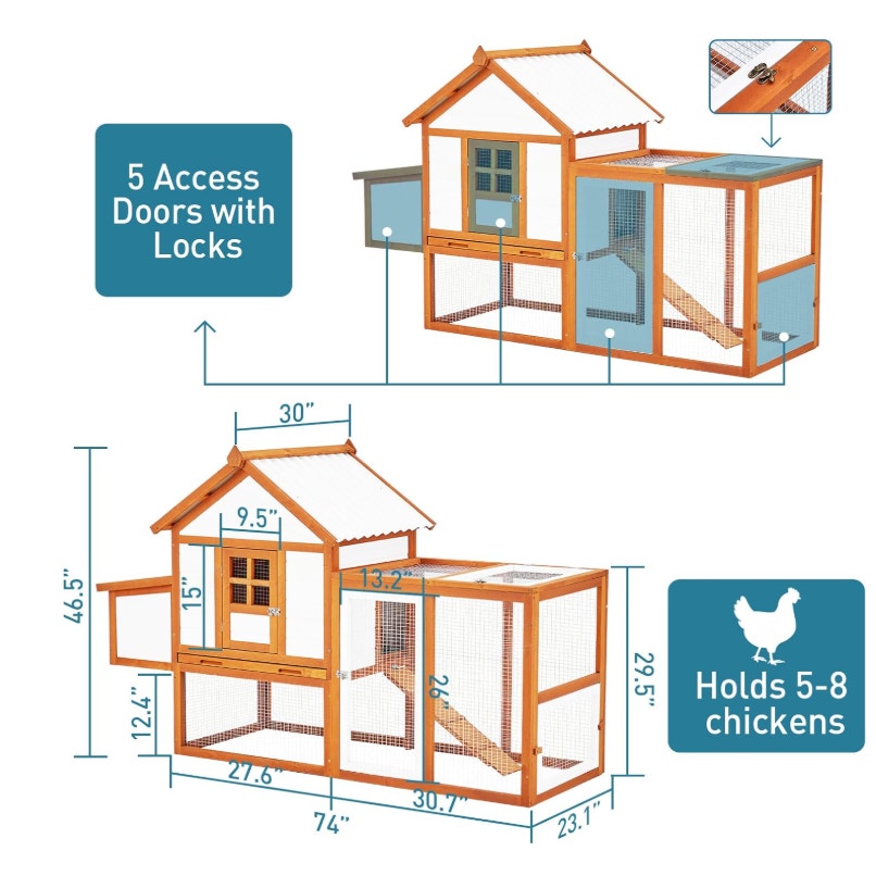 PioneerWorks Outdoor Chicken Coop Wooden Hen House with Run, Poultry Cage w/Ramps, Nesting Box