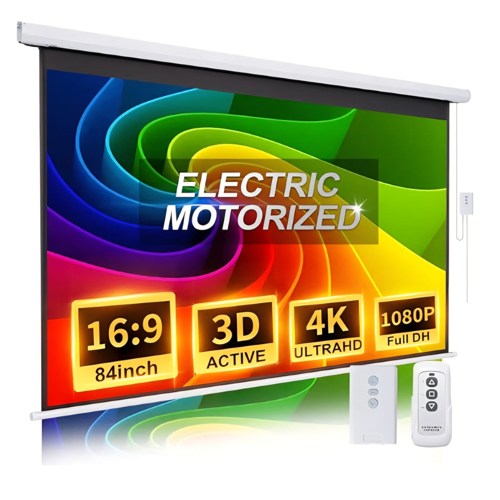 Pull Down Projector Screen Motorized 84 Inch 16:9 HD Electric Small Projector Screen Portable