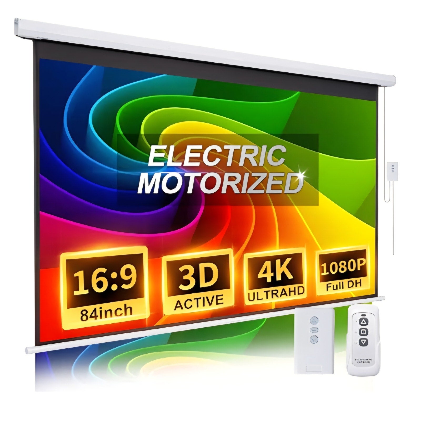Pull Down Projector Screen Motorized 84 Inch 16:9 HD Electric Small Projector Screen Portable