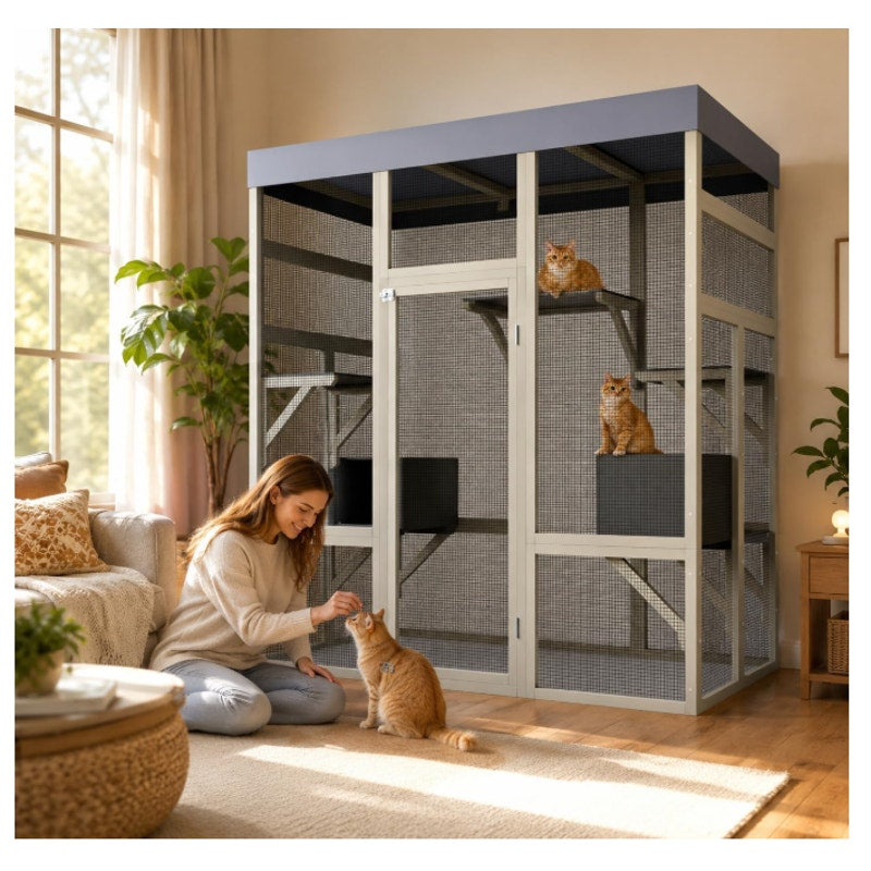 70" Large Outdoor Catio Cat Enclosure, Wood Cat Patio with Waterproof UV-Resistant Roof