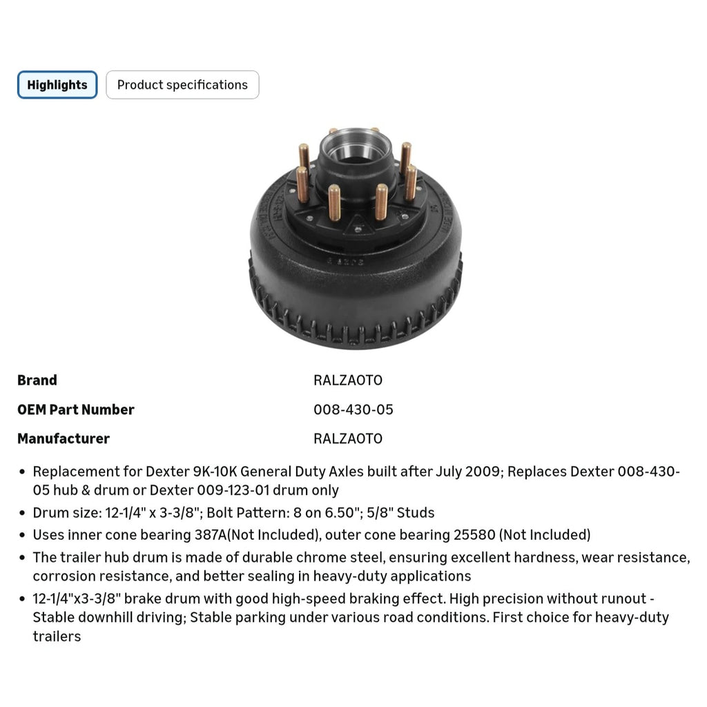 12-1/4" X 3-3/8" (12.25" X 3.375") Hub & Drum Assembly for 9,000/10,000 Lbs (9K/10K) Axle