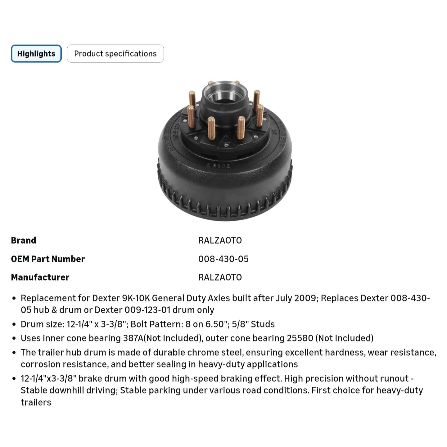 12-1/4" X 3-3/8" (12.25" X 3.375") Hub & Drum Assembly for 9,000/10,000 Lbs (9K/10K) Axle