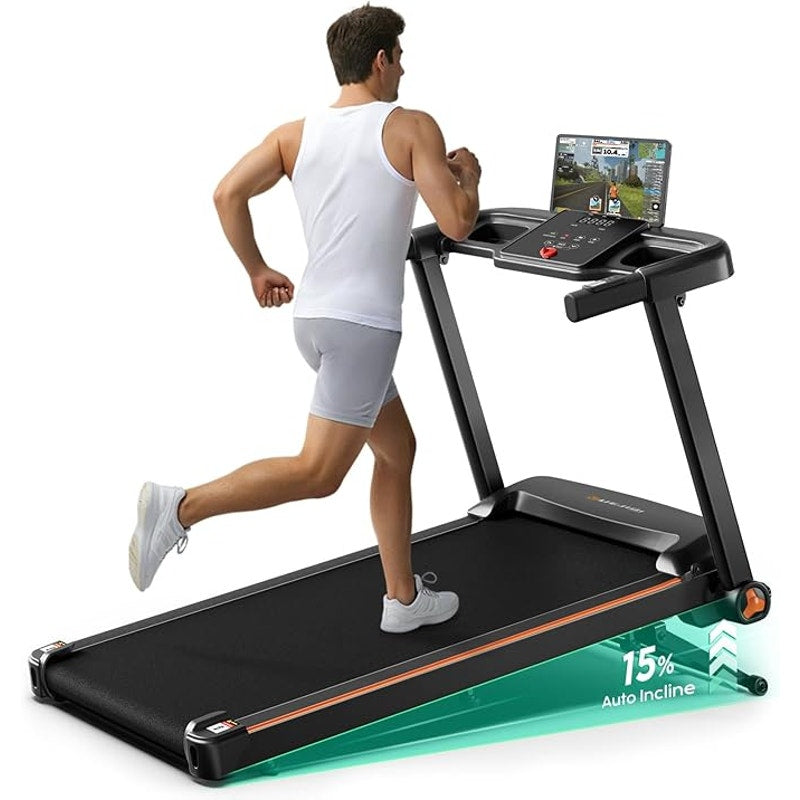 Treadmill with 0-15% Auto Incline, 3.5HP Quiet Brushless Foldable, 300 Lbs Cap.Bluetooth APP, Black