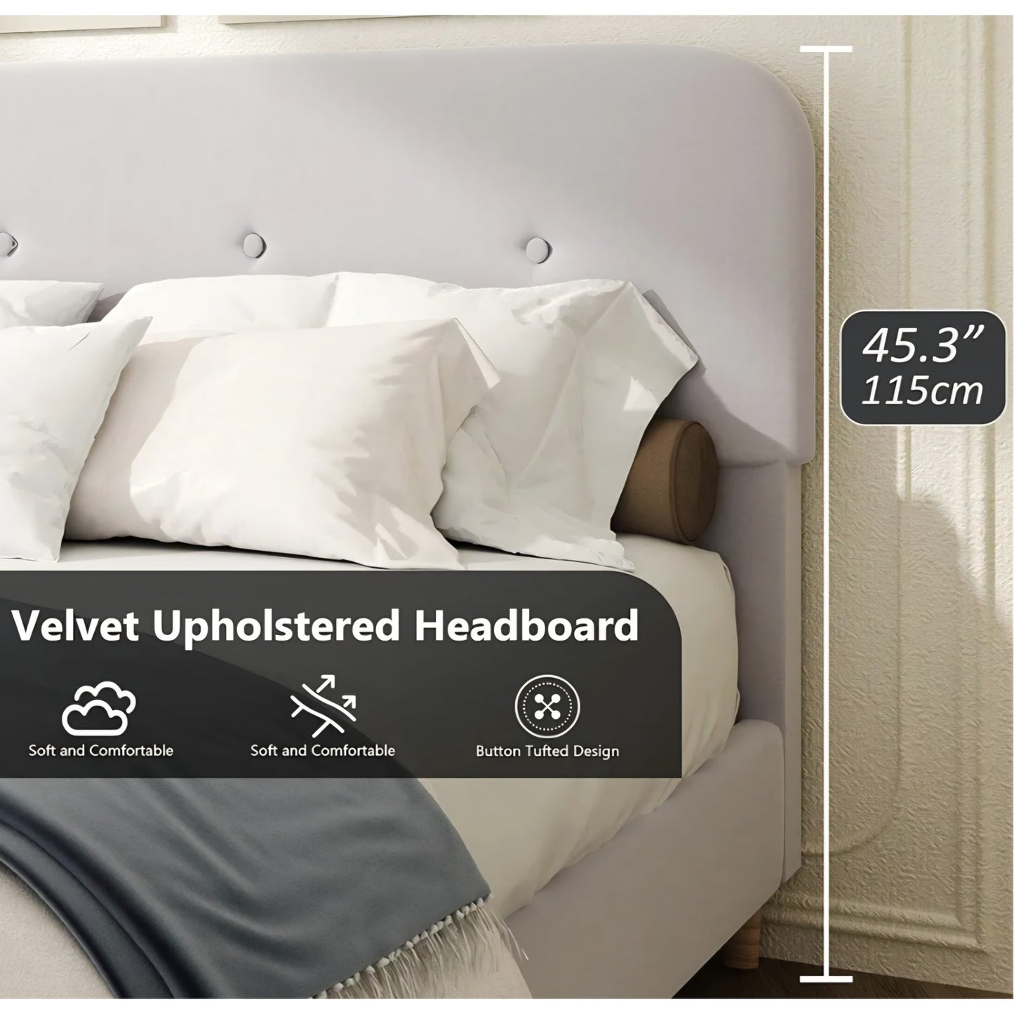 King Size Platform Bed Frame with Velvet Upholstered Headboard, Button Tufted Headboard