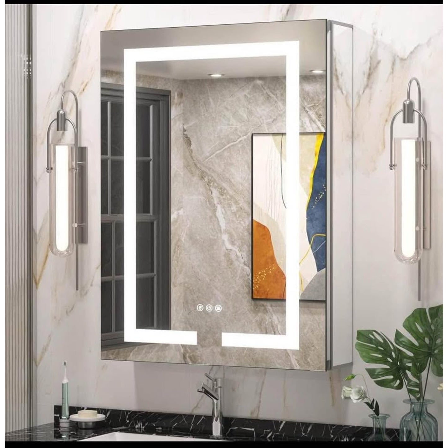 Keonjinn 24 x 32 Lighted Medicine Cabinet with Defogger and Outlets, Medicine Cabinet with Lights 3