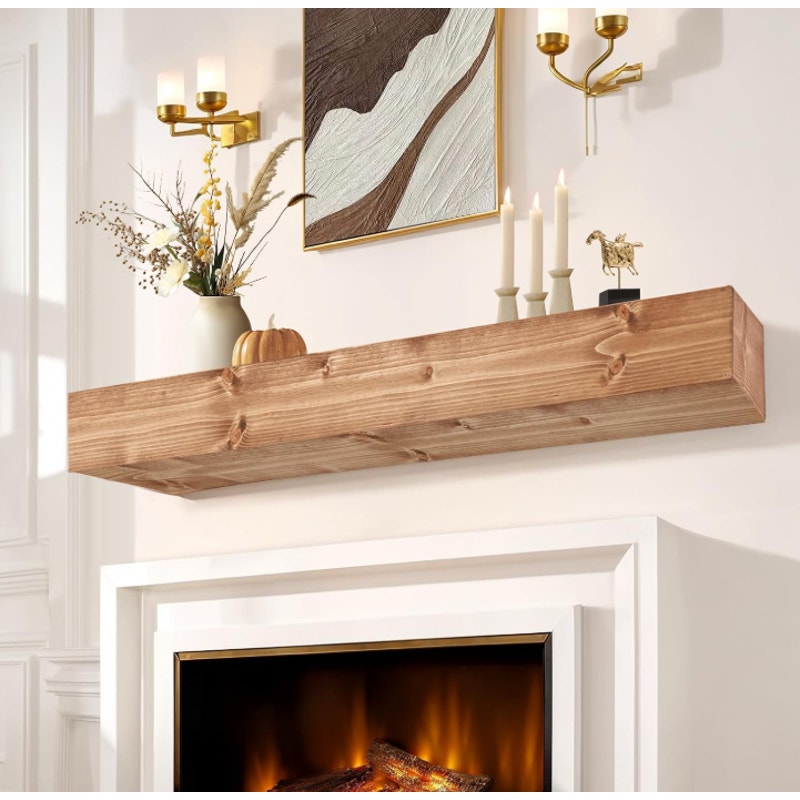 Fireplace Mantel 60", Wooden Floating Shelf for Over Fireplace, Oak Color Wall-Mounted Mantel