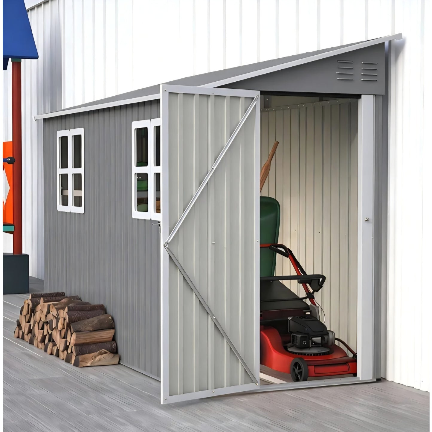 4x 10 FT Metal Outdoor Storage Shed with Windows and Foundation, Lean to Storage Sheds w/Lockable Door & Air Vents, All Weather Waterproof Garden Tool House for Backyard, Patio, Lawn, Gray