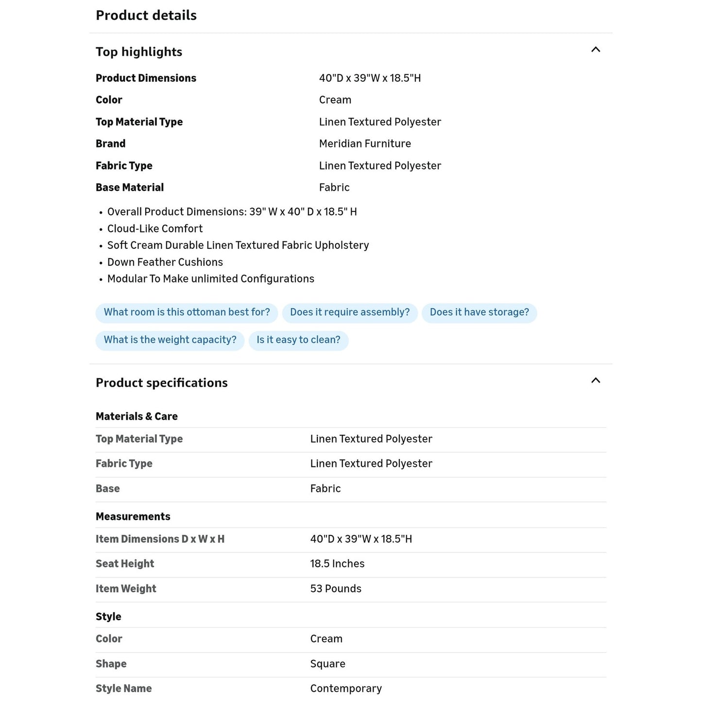 Meridian Furniture 601Cream-Ott Serene Collection Modern | Contemporary Deluxe Comfort Ottoman