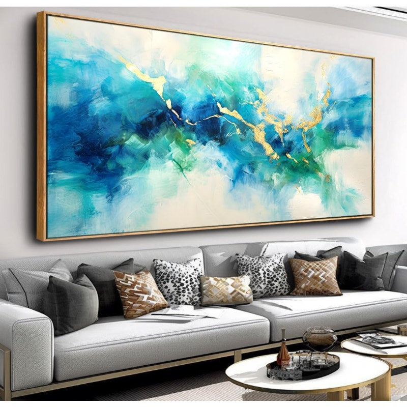 Wall Art Abstract Canvas Painting Green Blue and Gold Fantasy Wall Decor 30"x60" with Framed