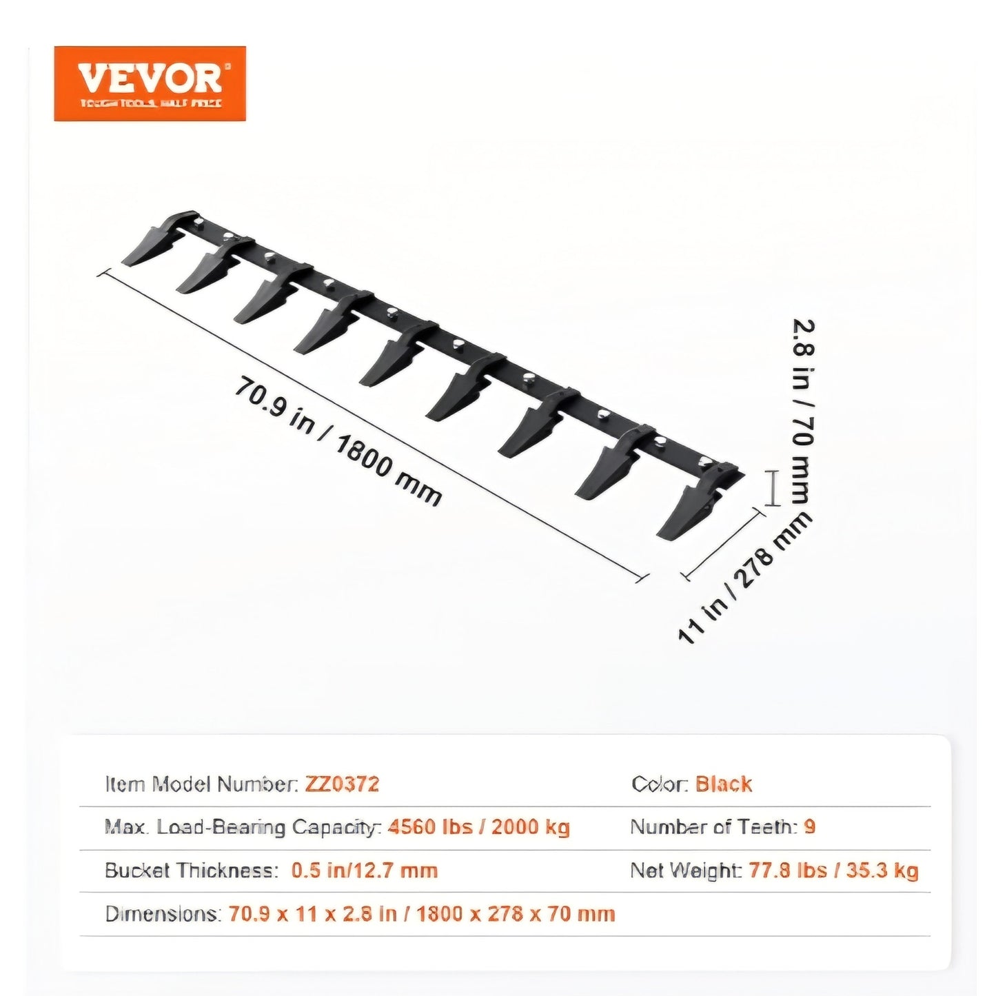 Bucket Tooth Bar, 72'', Heavy Duty Tractor Bucket 9 Teeth Bar for Loader Tractor Skidsteer