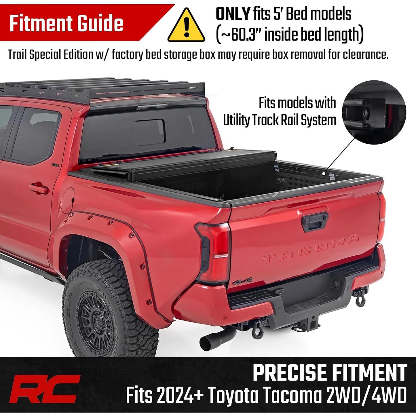 Tri-Fold Flip Up Tonneau Cover, Toyota Tacoma (2024-2026) Fits 5' Bed w/Utility Rail System