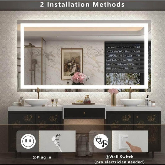 Led Bathroom Mirror 60x36, Large Illuminated Dimmable Vanity Mirror with Lights, Backlit and Front