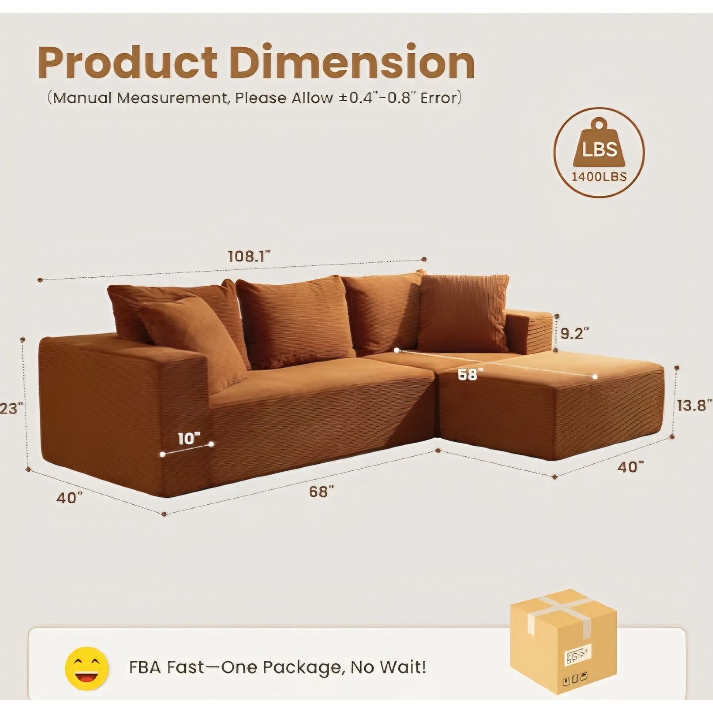 L-Shaped Boneless Couch, Modular Sectional Sofa with Moveable Ottoman