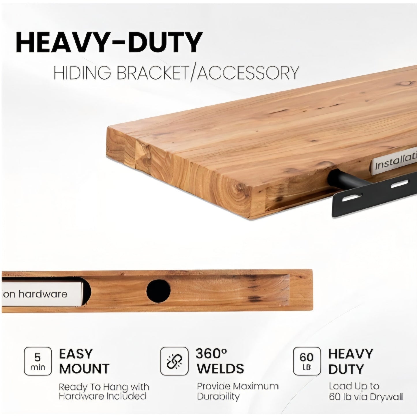Floating Shelves for Wall, 72"x9.3" Rustic Solid Live-Edge Elm Wood Wall Shelves