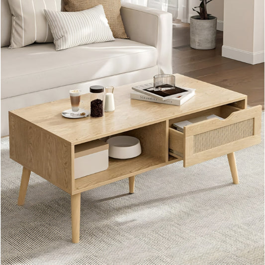 Coffee Table with Storage, Boho Rattan Coffee Table with Drawer & Solid Wood Legs