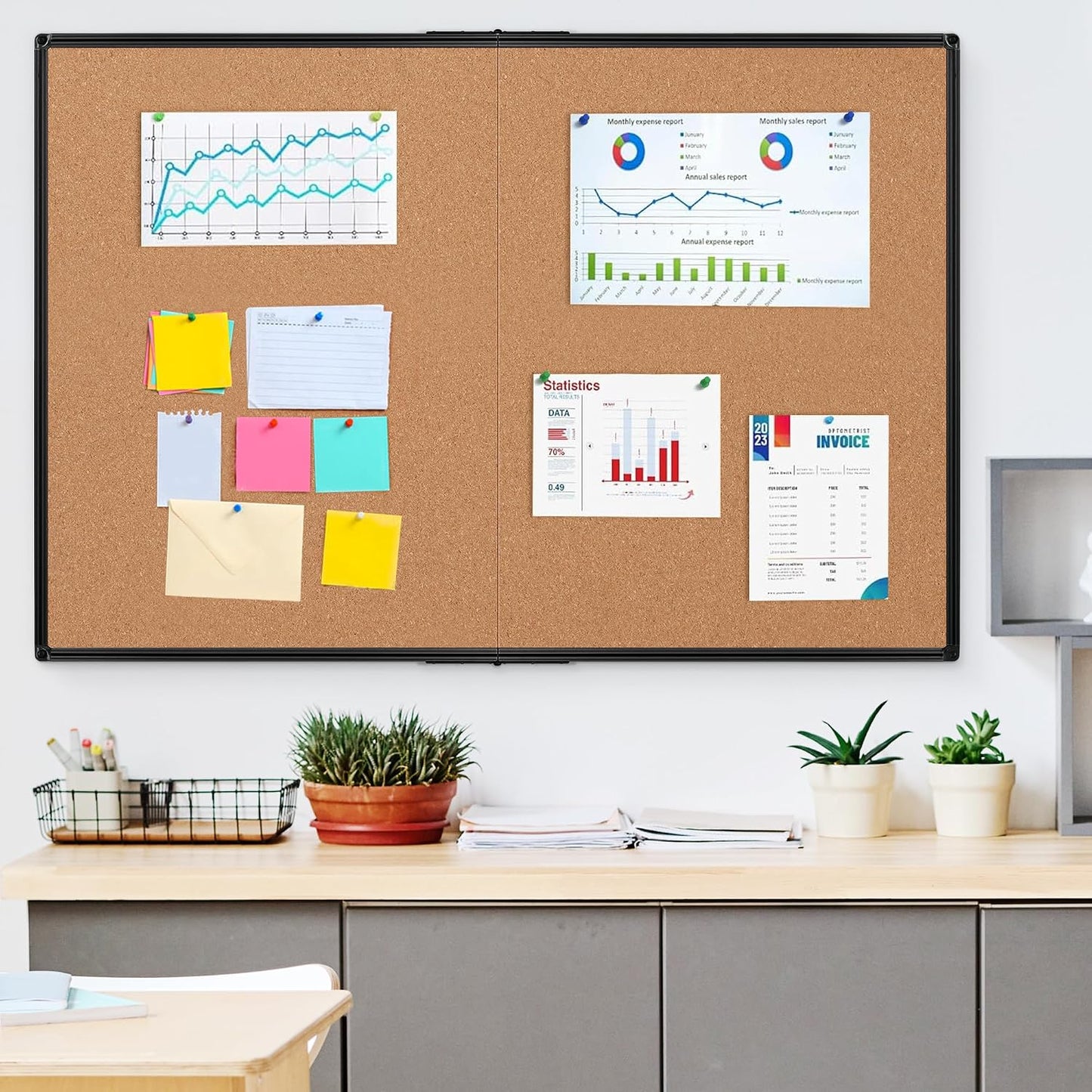 Cork Board Bulletin 36x48, Foldable Notice, for Wall, Black Al Framed 4x3 Corkboard,  36 Push Pins