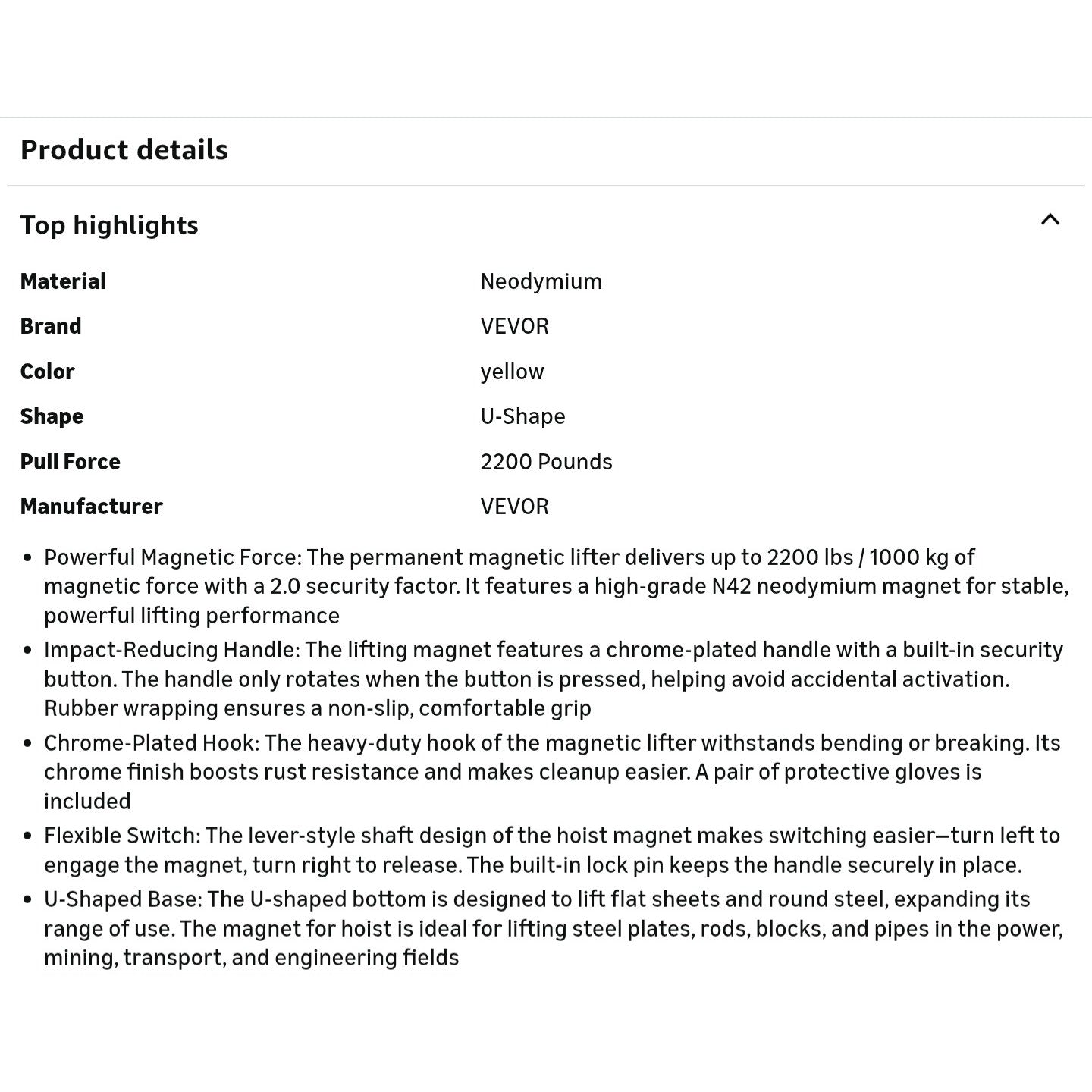 VEVOR Permanent Magnetic Lifter, 2200 lbs Pulling Capacity, Heavy Duty N42