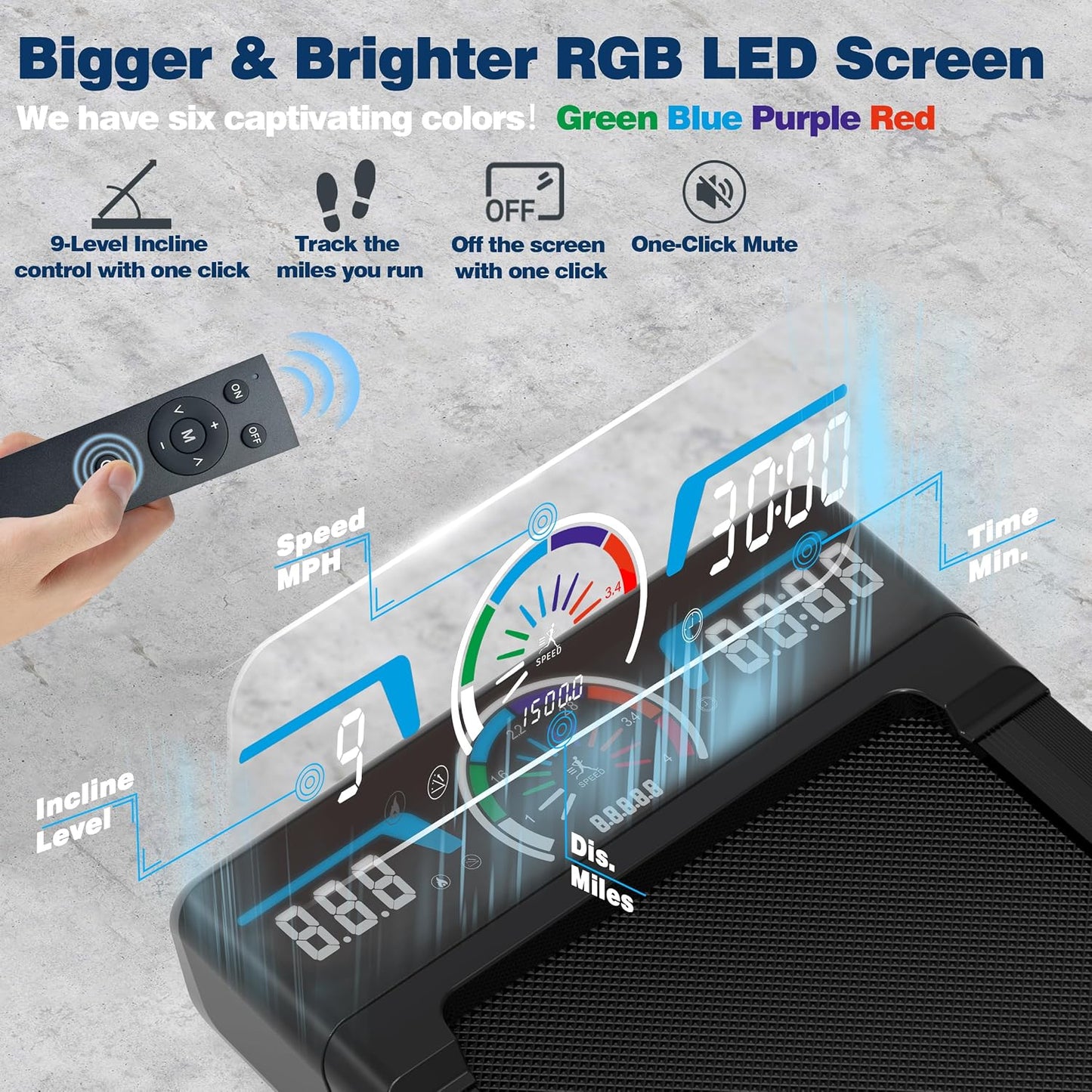 TRAILVIBER Walking Pad Treadmill with 12% 9-Level Auto Incline, 450 lbs Capacity RGB LED Screen