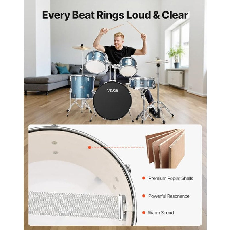 VEVOR Drum Set, 5-Piece 22 in Junior Drum Sets, Beginner Drums Set with Adjustable Throne, Cymbal