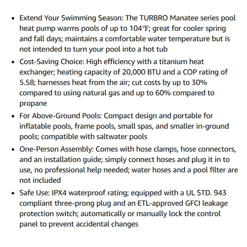 TURBRO Swimming Pool Heat Pump - 20,000 BTU - for Above and In Ground Pools and Spas