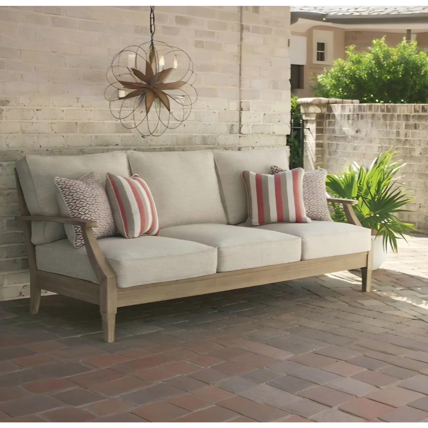 Signature Design by Ashley Clare View Coastal Outdoor Patio Eucalyptus Sofa with Cushions, Beige