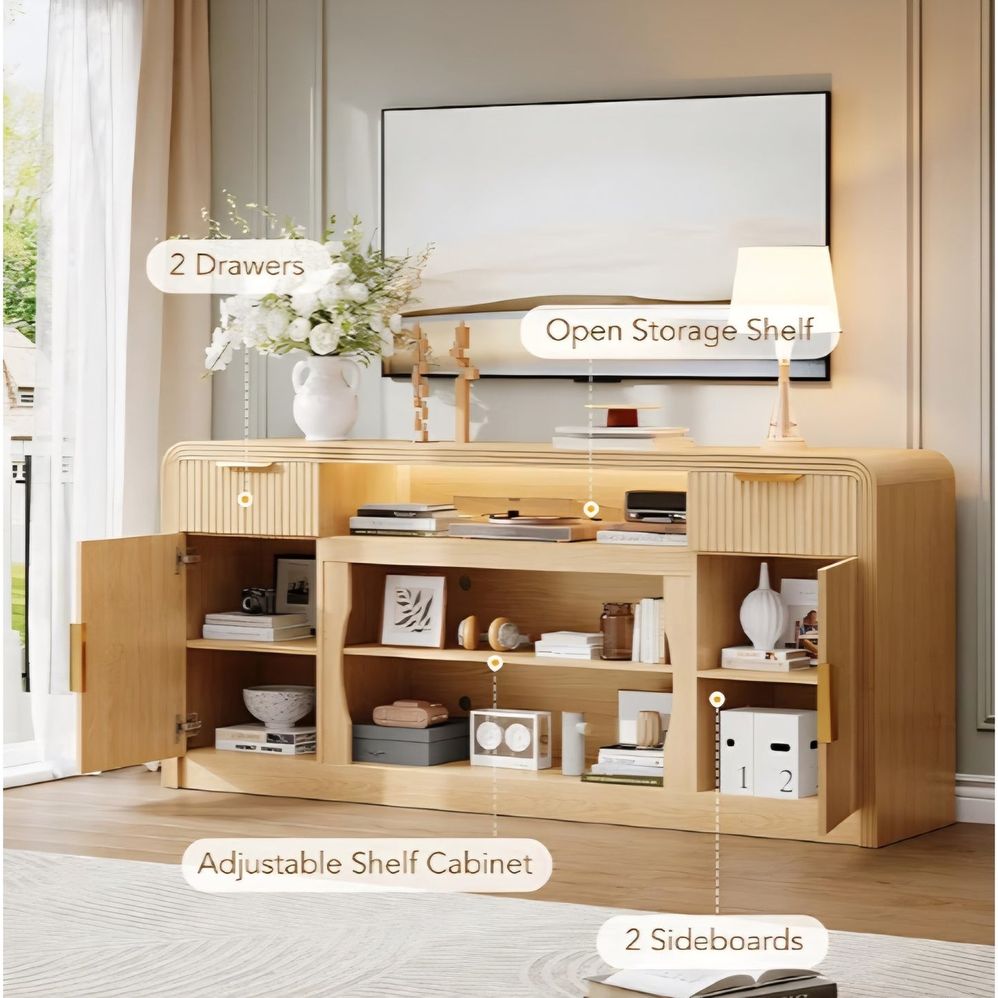 Decofy 70" Fluted TV Stand, Entertainment Center for 80" TVs, Mid Century Modern TV Console Cabinet