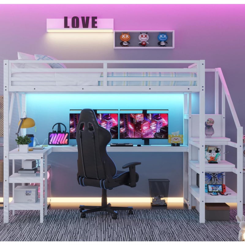 Full Size Metal Loft Bed Frame with L-Shaped Desk & Staircase & Wardrobe & USB