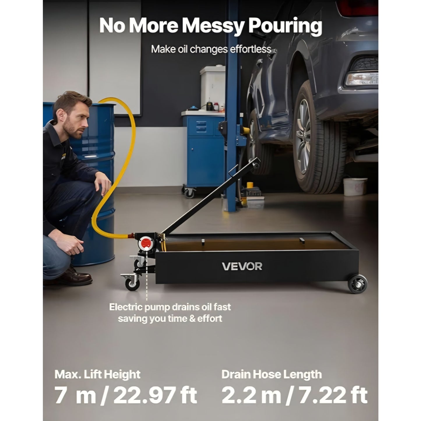 Oil Drain Pan, 20-Gallon Metal Oil Change Pan, Effective Oil Drain Cart with 180W Electric Pump