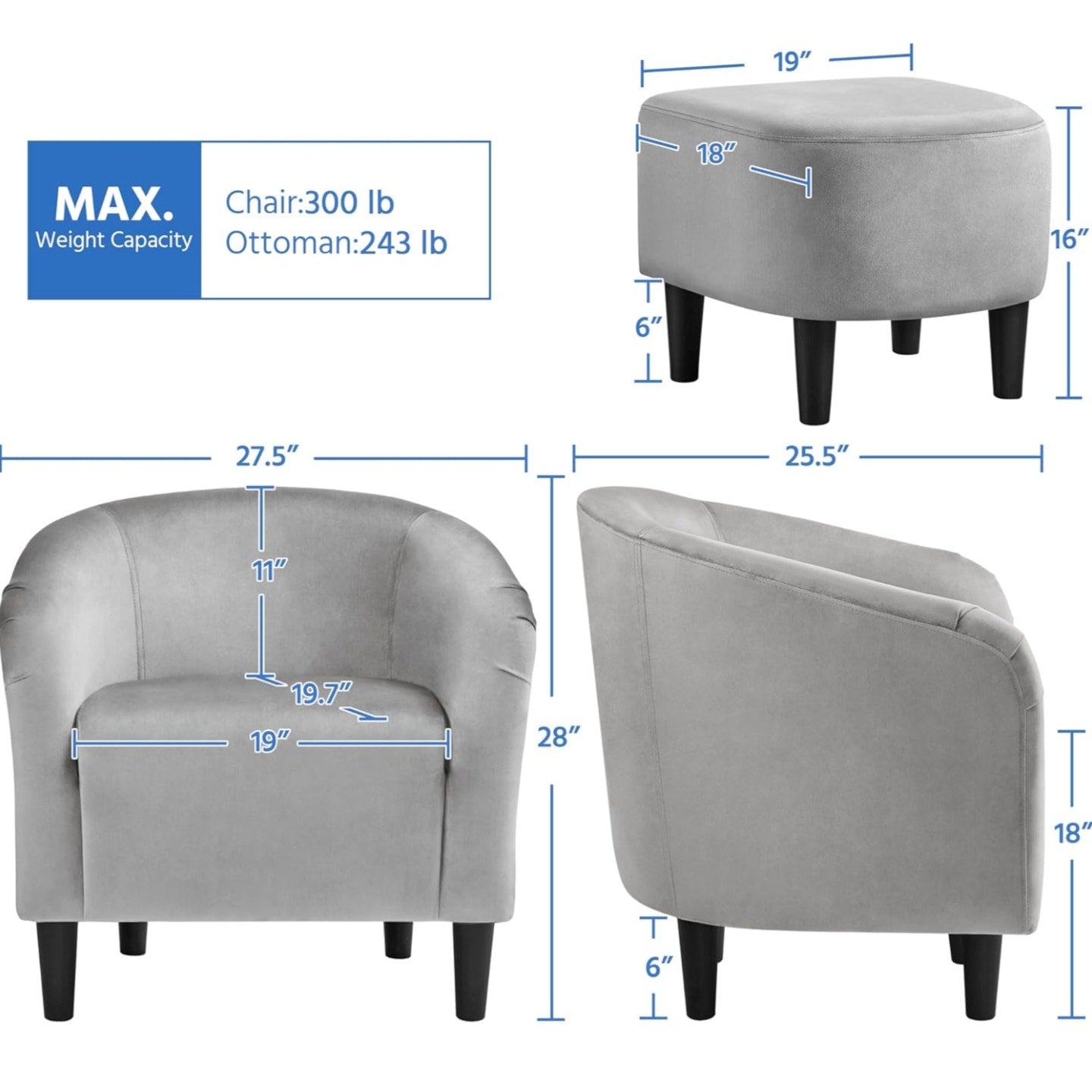 Yaheetech Accent Chair with Ottoman Set, Modern Upholstered Soft Barrel Chair with Footstool,