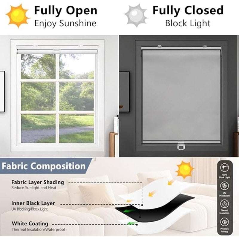 SHADEMOON Cordless Blackout Window Roller Shades, Pull Down Spring System, White, 72"L x 57"W
