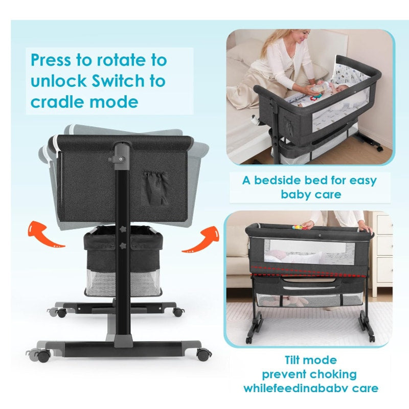 Baby Cradle, Freestanding Bedside Bassinet, 3-in-1 Convertible Bassinet with 360° Swivel Wheels