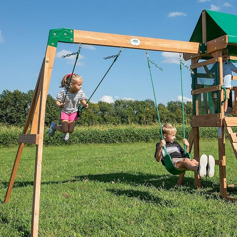 Backyard Discovery Buckley Hill Cedar Wood Swing Set, Wave Slide, Play Deck, Rock Wall Ladder, Green