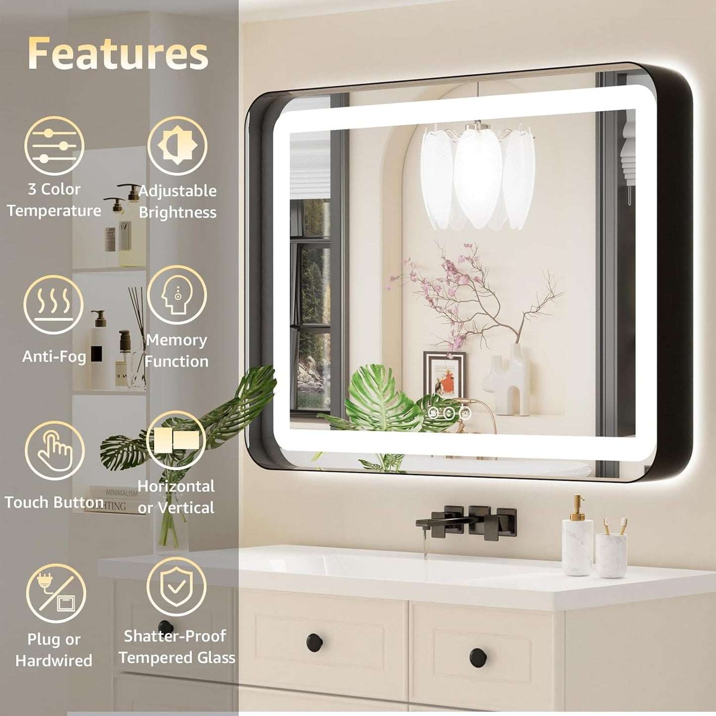 60" x 40" LED Bathroom Mirror with Backlit & Frontlit, Dimmable 3-Color Lights, Black Frame