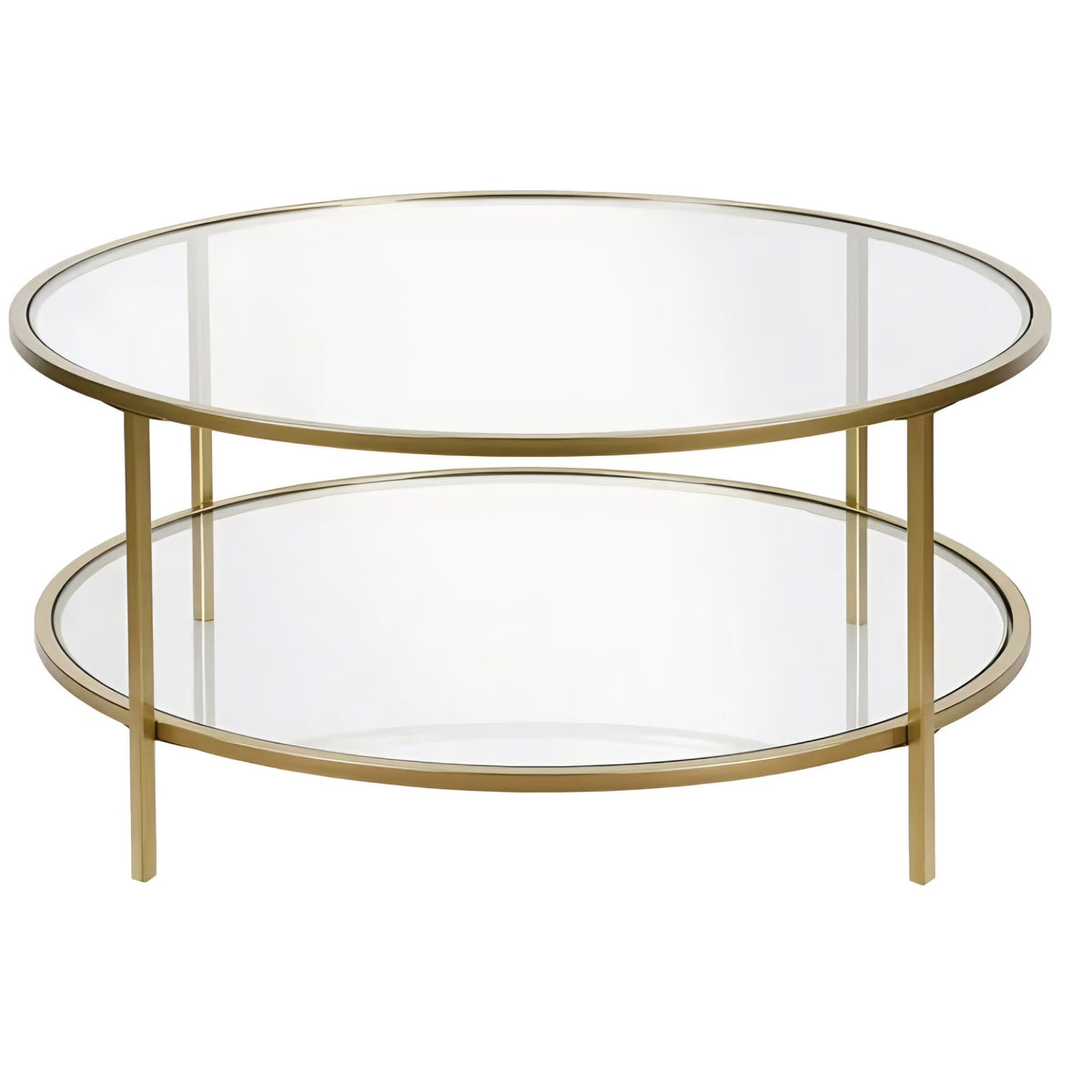 Henn&Hart 36" Wide Round Coffee Table with Glass Top in Brass, Round Coffee Table