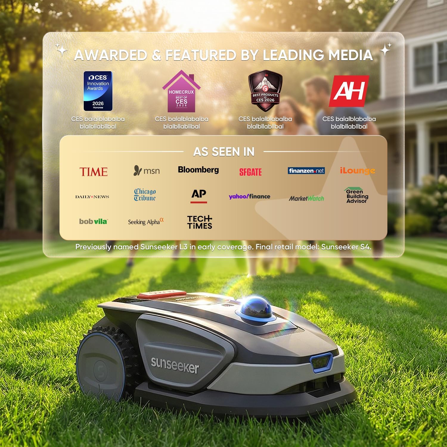 Sunseeker S4 LiDAR Robot Lawn Mower for Up to 0.25 Acre (1000 m²), Vision AI + 360° 3D LiDAR GPS