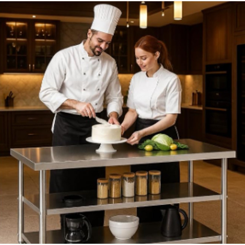 Stainless Steel Table with Wheels for Food Preparation and Work, (60" Lx32 Wx34 H)