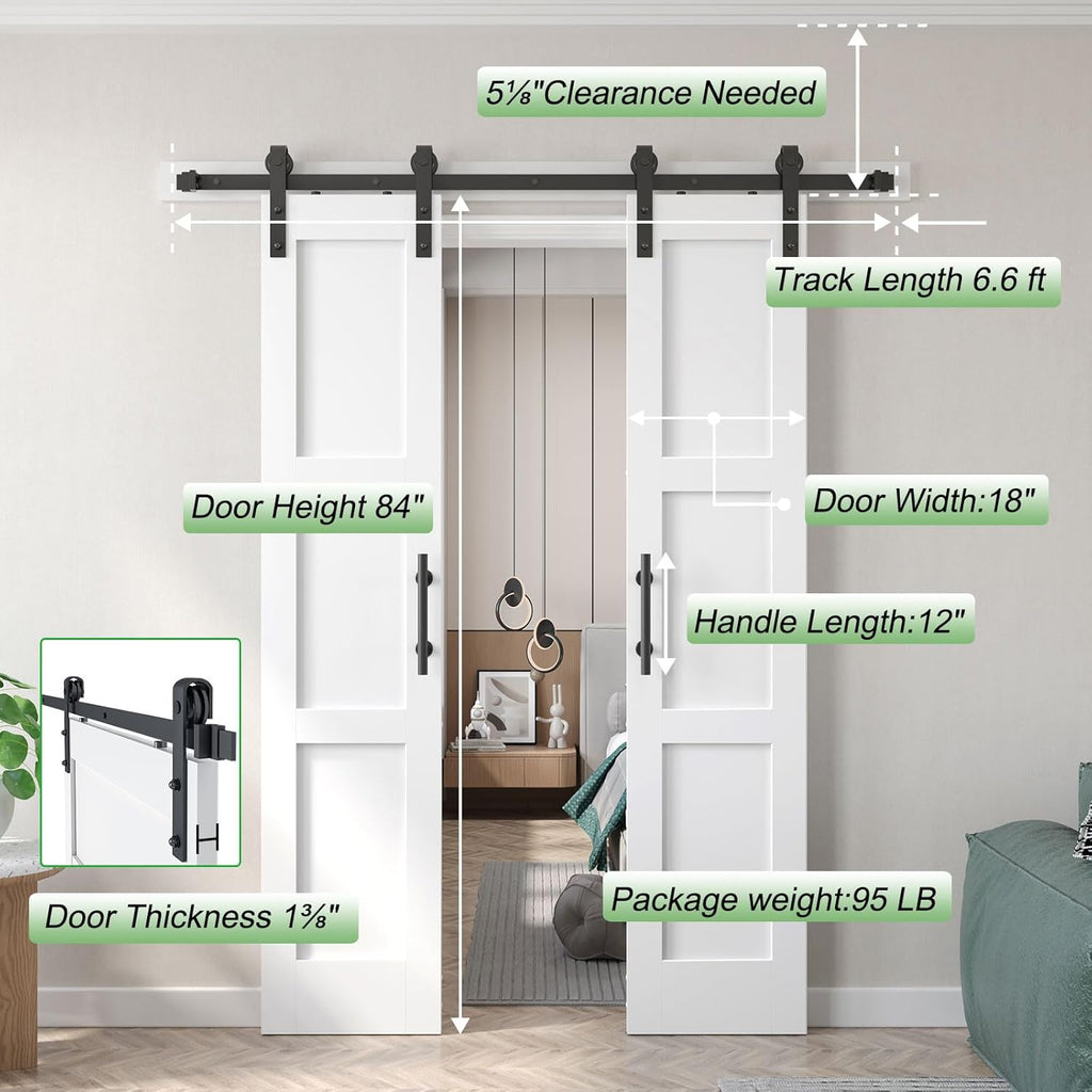 Fredbeck Double 18x84 inch White Barn Door with 6.6FT B, Hardware Kit Included, 36inch barn Door