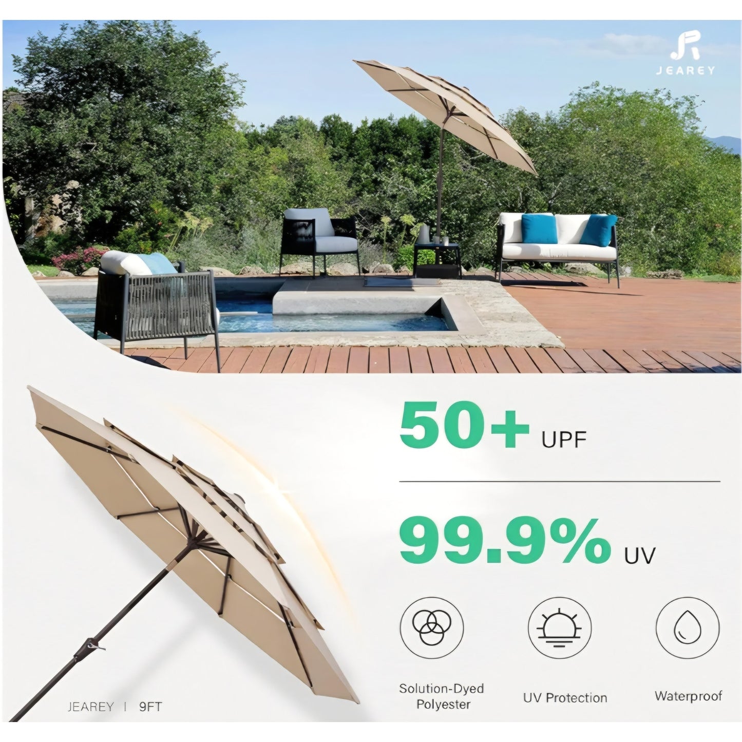 Patio Umbrella  Market Umbrella Table Umbrellas with 8 Ribs 1.5 Pole Push Button Tilt and Crank