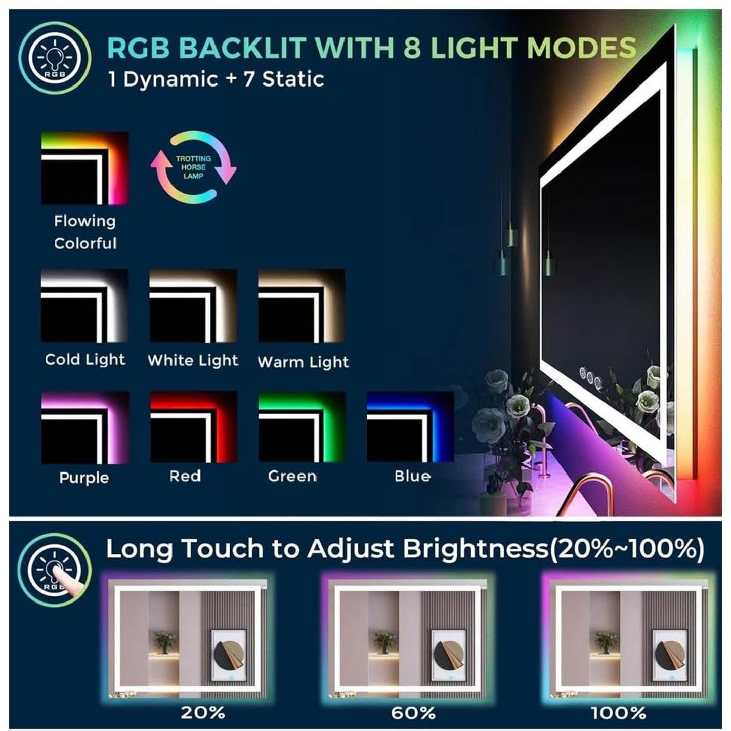 48x38 Inch RGB LED Bathroom Mirror Front Light and RGB Backlit Lighted Vanity Mirror for Bathroom Wa